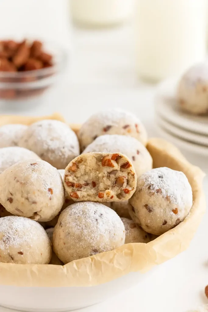 Christmas pecan snowball cookies on white marble