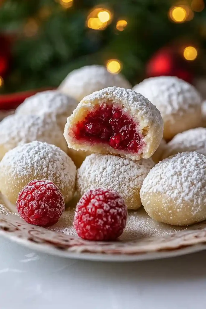 Christmas Raspberry Almond Snowball Cookies with raspberry filling and powdered sugar