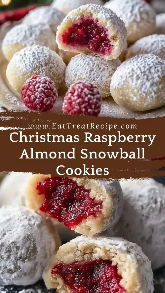 Christmas Raspberry Almond Snowball Cookies with raspberry filling and powdered sugar